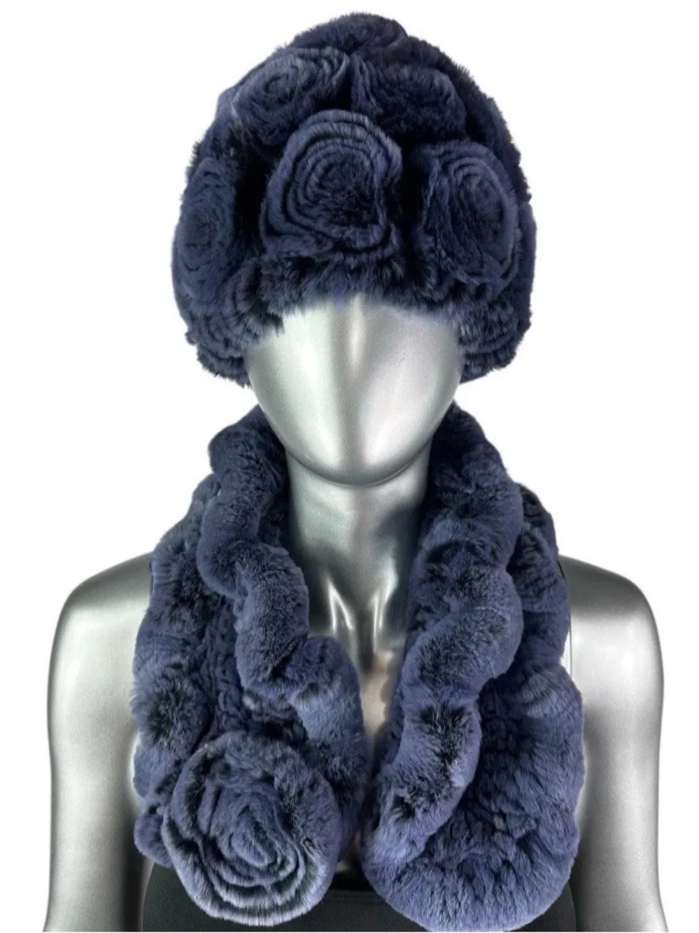 Blue REX RABBIT Hat & Scarf w/Rosettes,Sz 21”-23” Stretch, Certified Vintage Fur